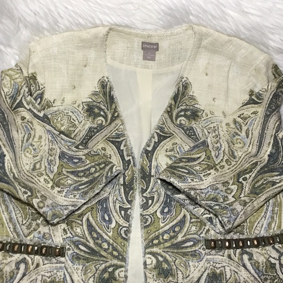 Chico’s Embellished Heritage Tweed Jacket, Ecru/Olive, 2 - Picture 5 of 11